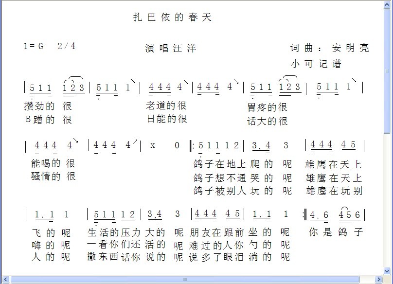 汪洋 《扎巴依的春天》简谱