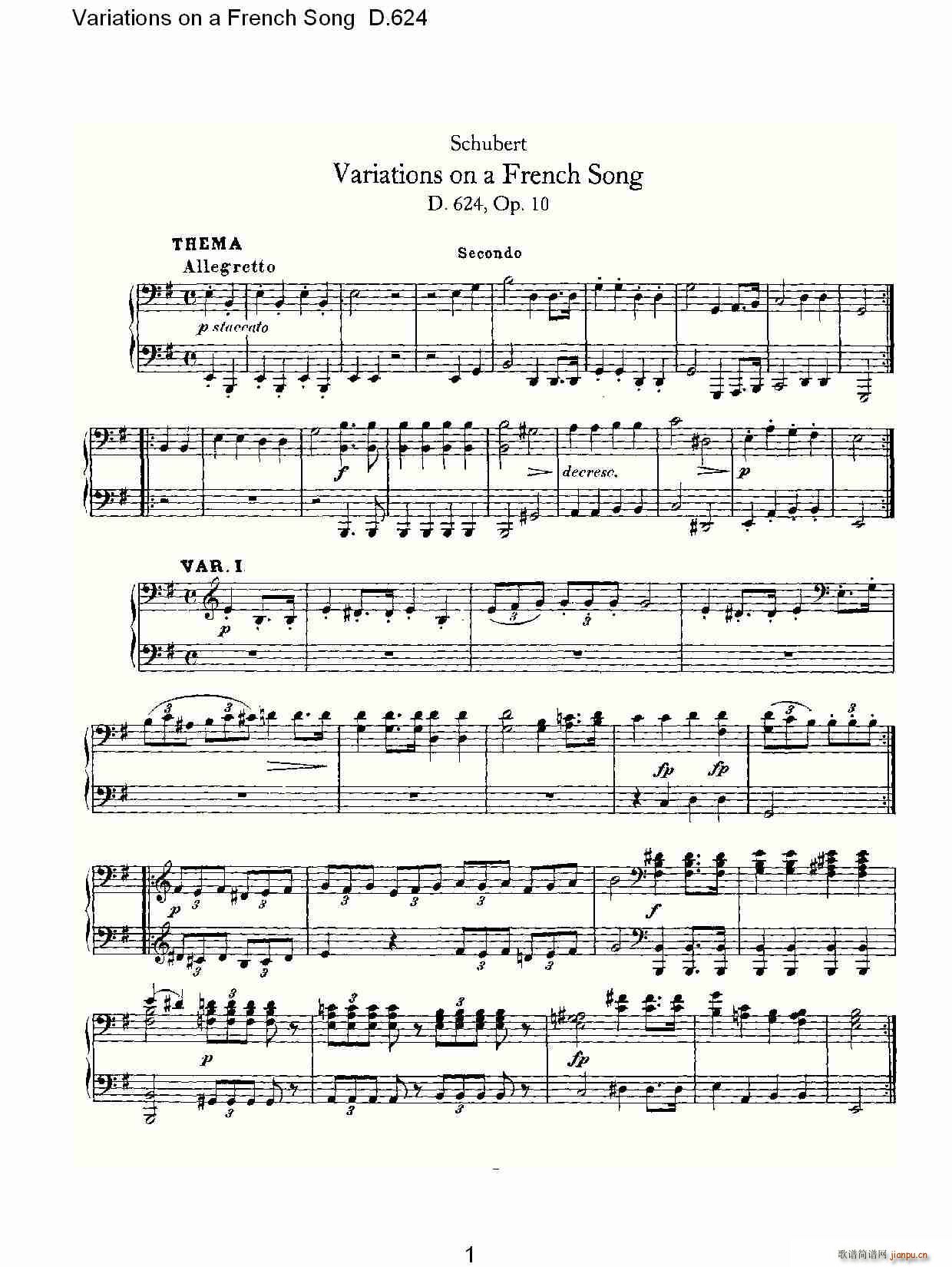 弗朗兹·舒柏特   朴素传幽真 《Variations on a French Song D.624（法国歌曲变鸣曲 D.624）》简谱