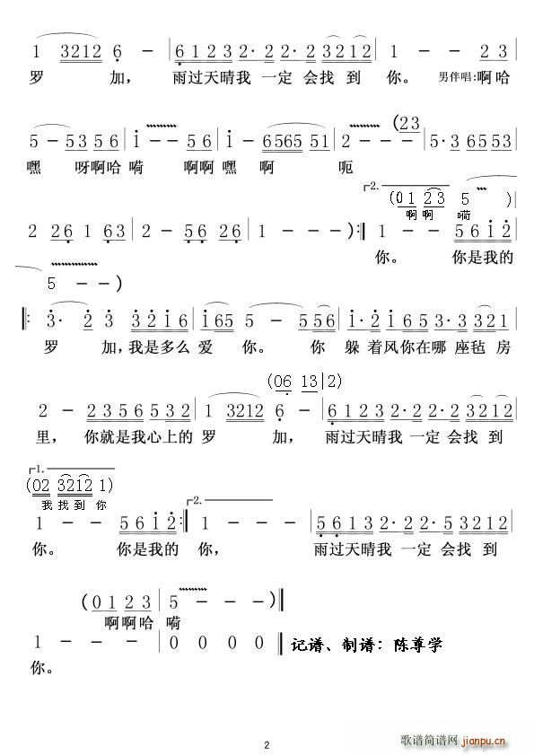 阿鲁阿卓   陈尊学 段庆民 《心上的罗加》简谱