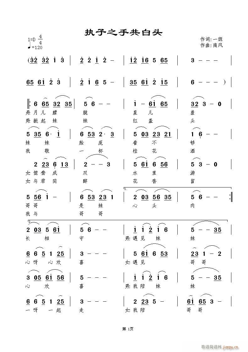 南风 一斑 《执子之手共白头》简谱