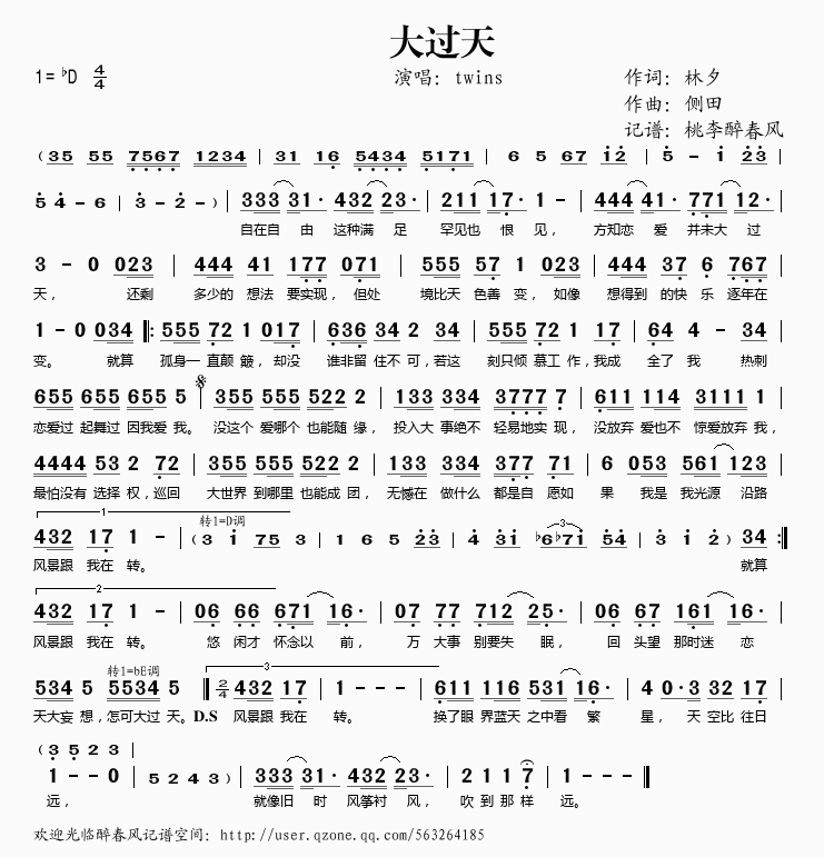 TWINS 《大过天》简谱