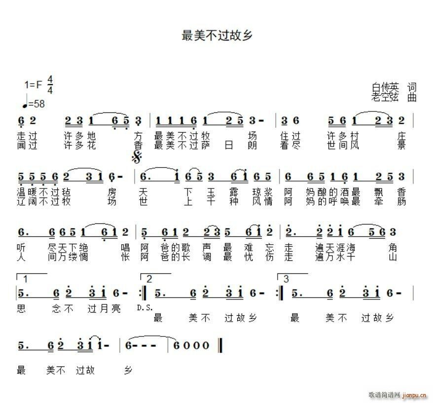 老空炫 白传英 《最美不过故乡》简谱