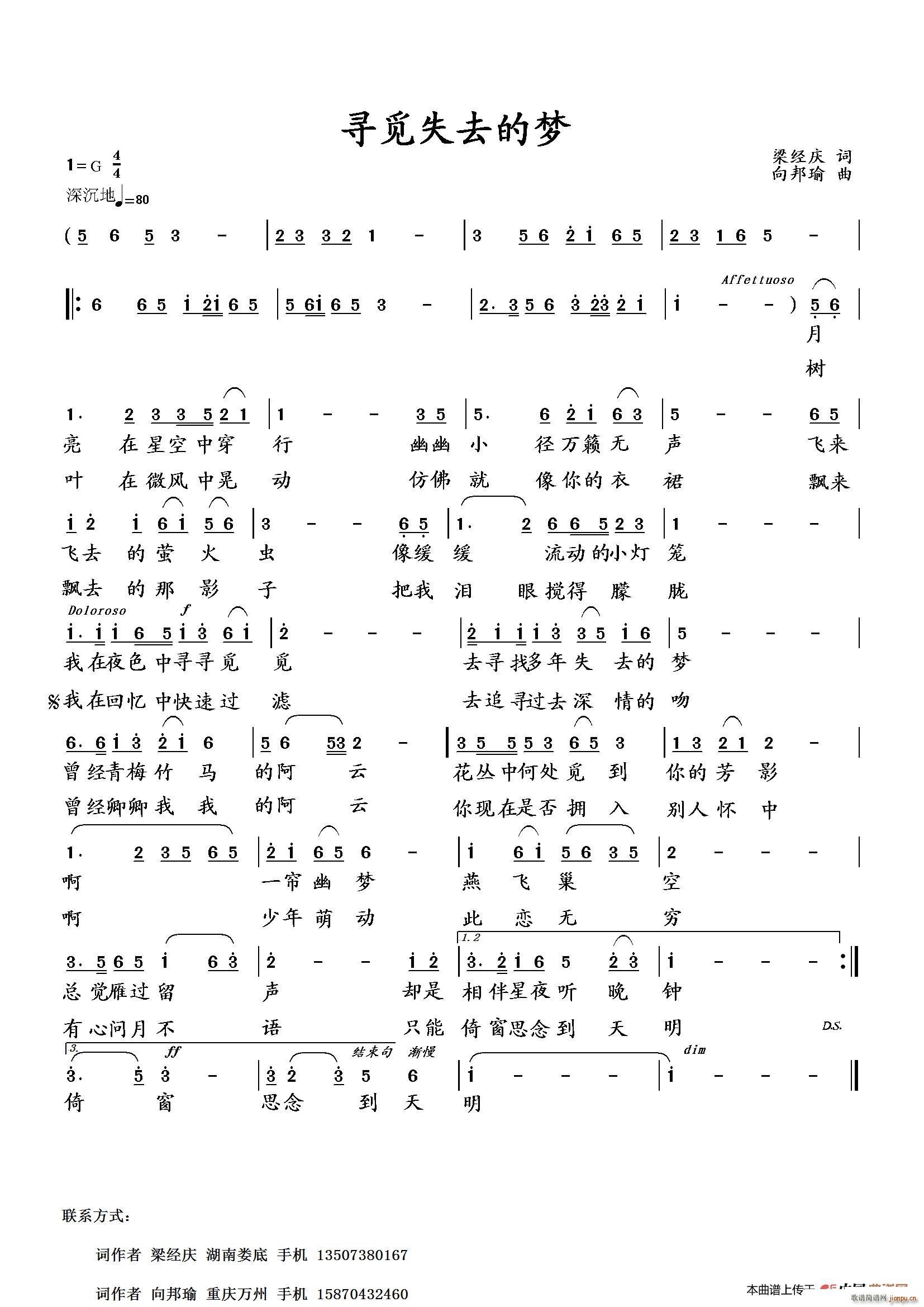向邦瑜   梁经庆 《寻觅失去的梦》简谱