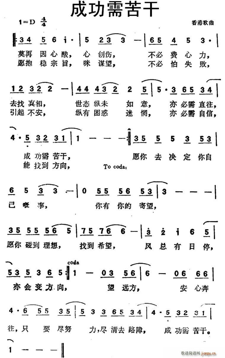 谭咏麟   郑国江 《成功需苦干》简谱