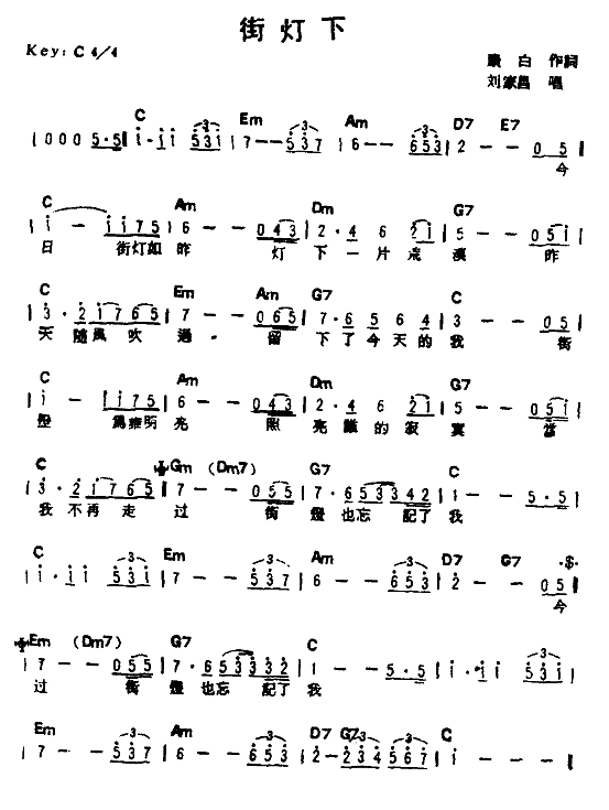 刘家昌 《街灯下》简谱