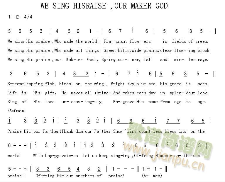 未知 《WE SING HISRAISE ， OUR MAKER GOD 欢乐颂扬 》简谱