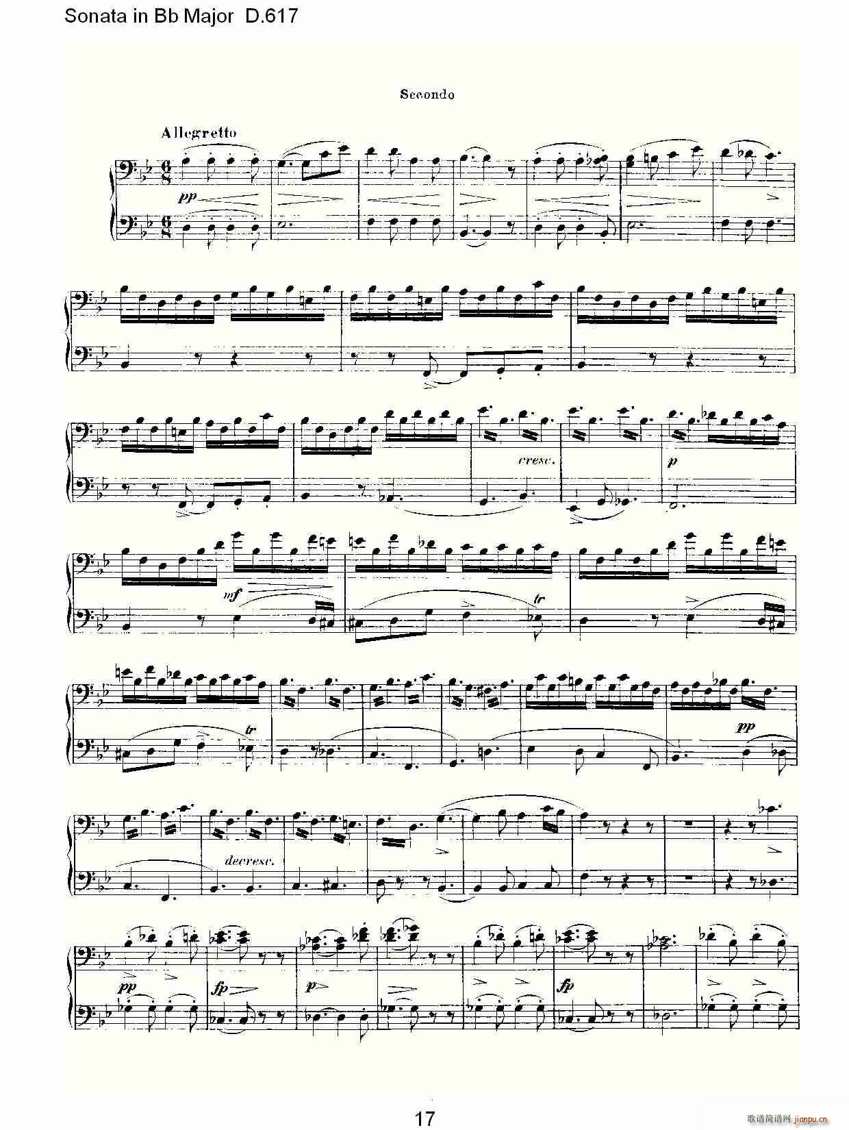 弗朗兹·舒柏特   朴素传幽真 《Sonata in Bb Major D.617（Bb大调奏鸣曲 D.617）》简谱