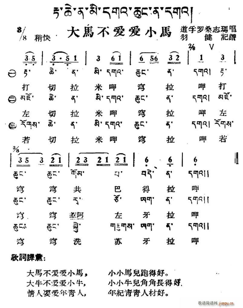 未知 《大马不爱爱小马（藏族民歌、藏文及音译版）》简谱
