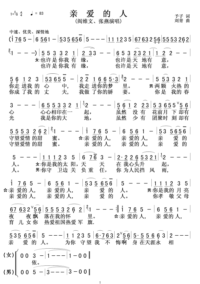 阎维文、张燕 《亲爱的人》简谱