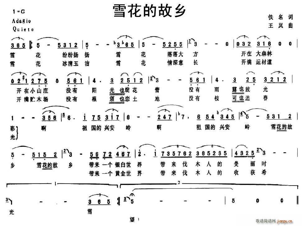 佚名 《雪花的故乡》简谱