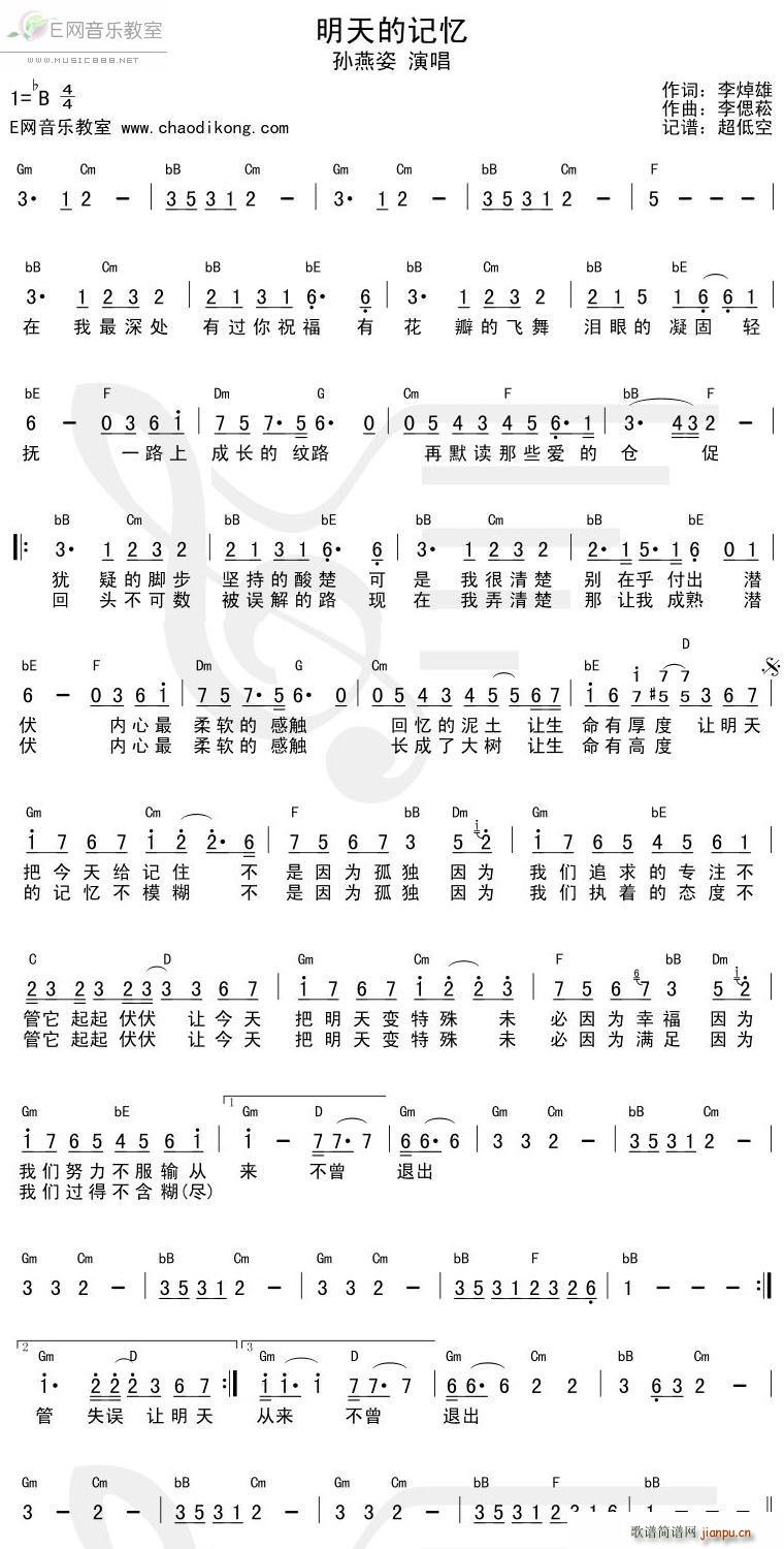 孙燕姿   超低空 李焯雄 《明天的记忆》简谱