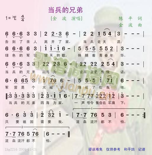 金波 《当兵的兄弟》简谱