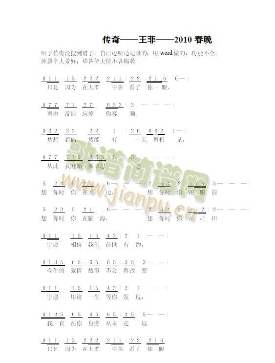 王菲 《传奇——王菲——2010春晚》简谱