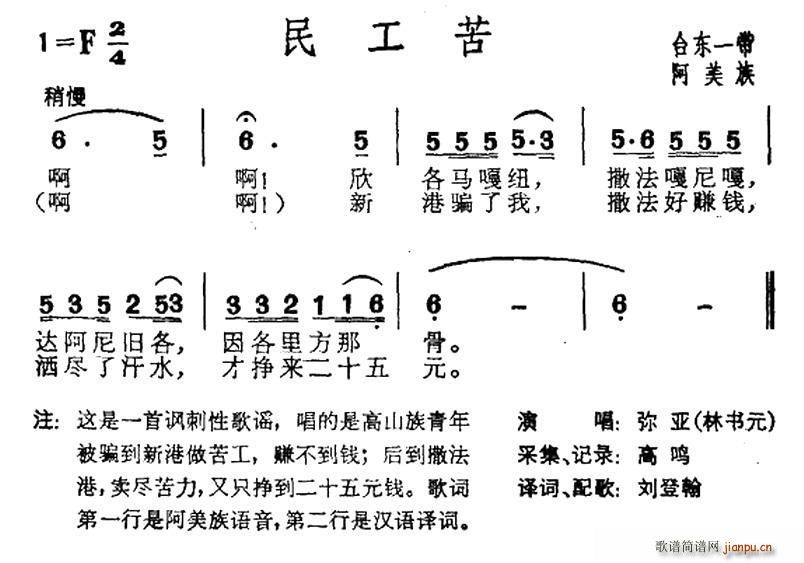 未知 《民工苦（台湾阿美族民歌）》简谱