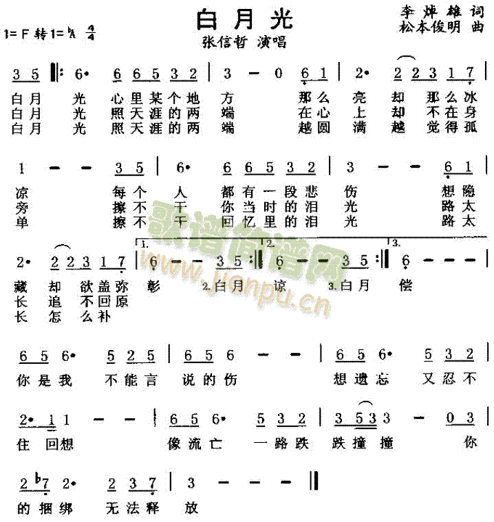 张信哲 《白月光》简谱