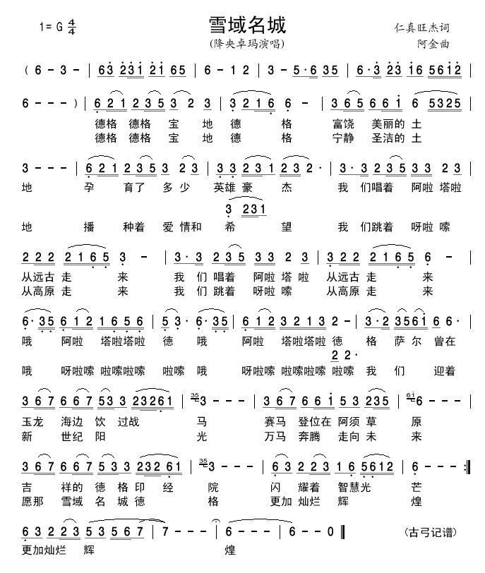 降央卓玛 《雪域名城》简谱