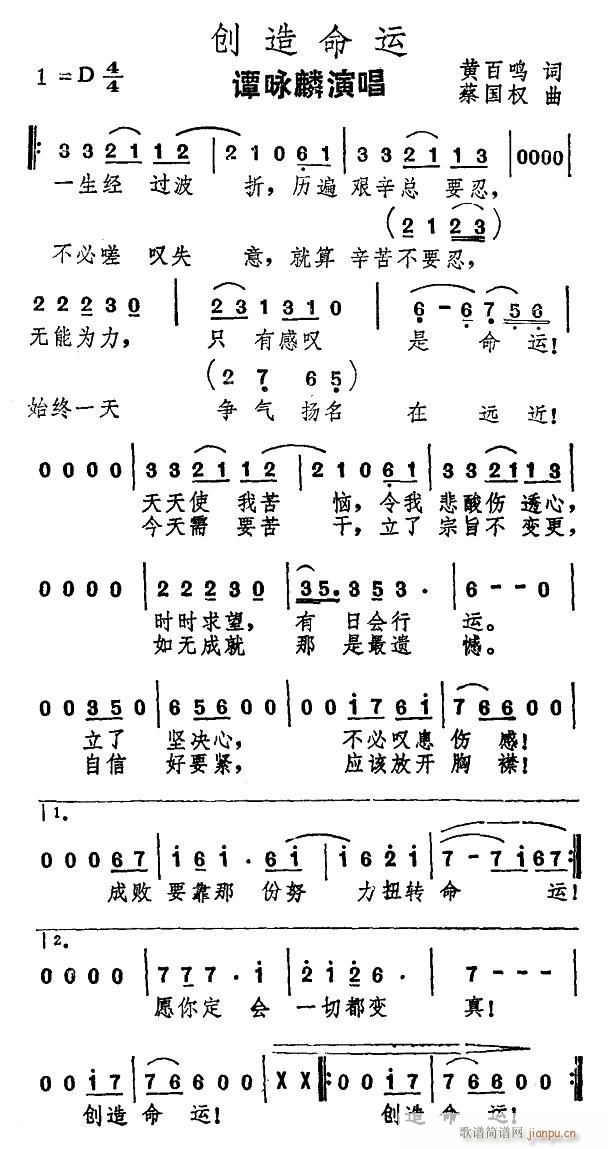 谭咏麟 《创造命运》简谱