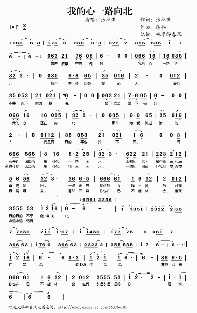 张祥洪 《我的心一路向北》简谱