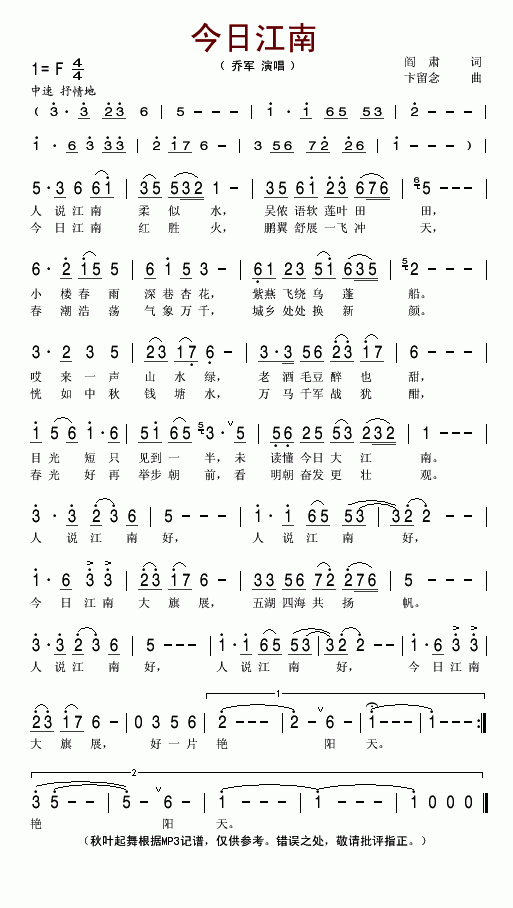 乔军 《今日江南》简谱