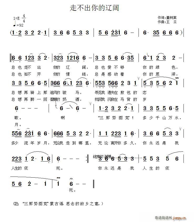 王wangli 董树棠 《走不出你的辽阔》简谱