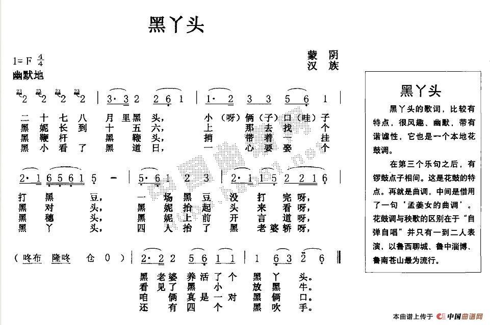 未知 《黑丫头》简谱