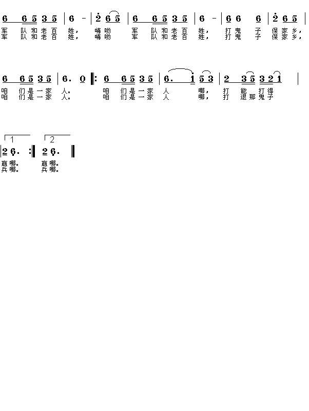 未知 《军队和老百姓》简谱