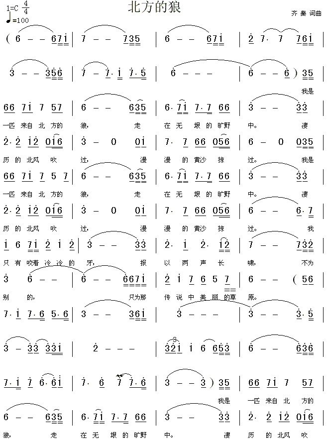 齐秦 《北方的狼》简谱