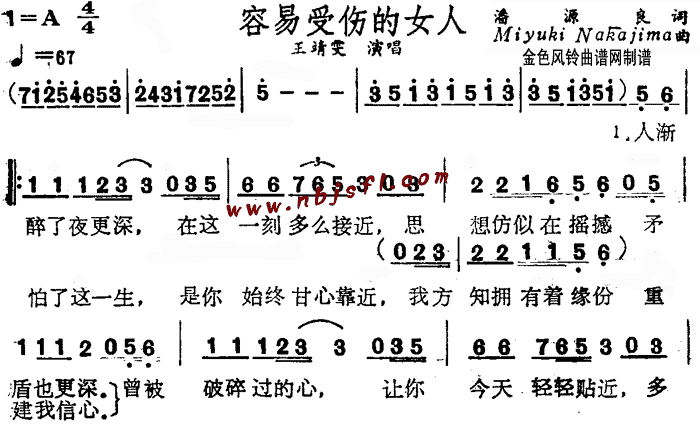 王靖雯王菲 《容易受伤的女人(粤语)》简谱