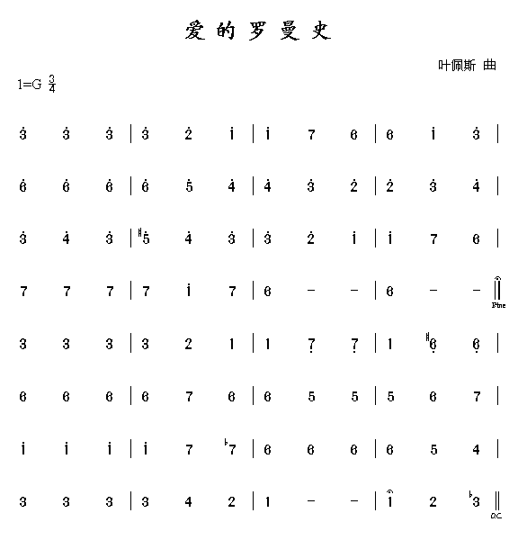 未知 《爱的罗曼史(乐曲)》简谱