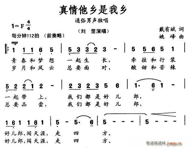 刘罡   戴有斌 《真情他乡是我乡》简谱