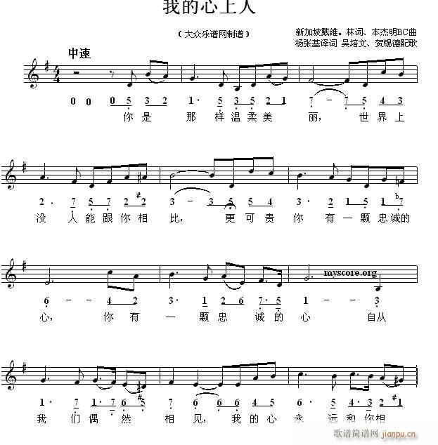 未知 《我的心上人（新加坡歌曲 ）》简谱