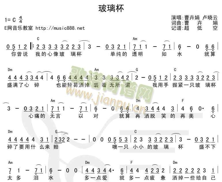 曹慧娟VS卢晓芸 《玻璃杯》简谱