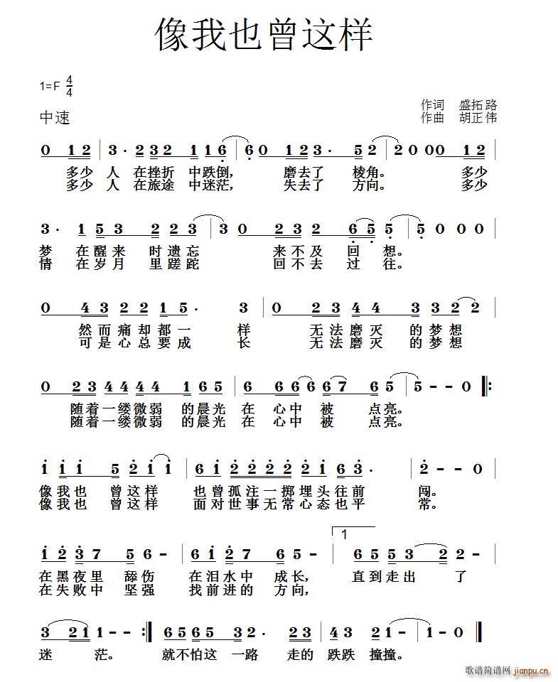 胡正伟   盛拓路 《像我也曾这样》简谱