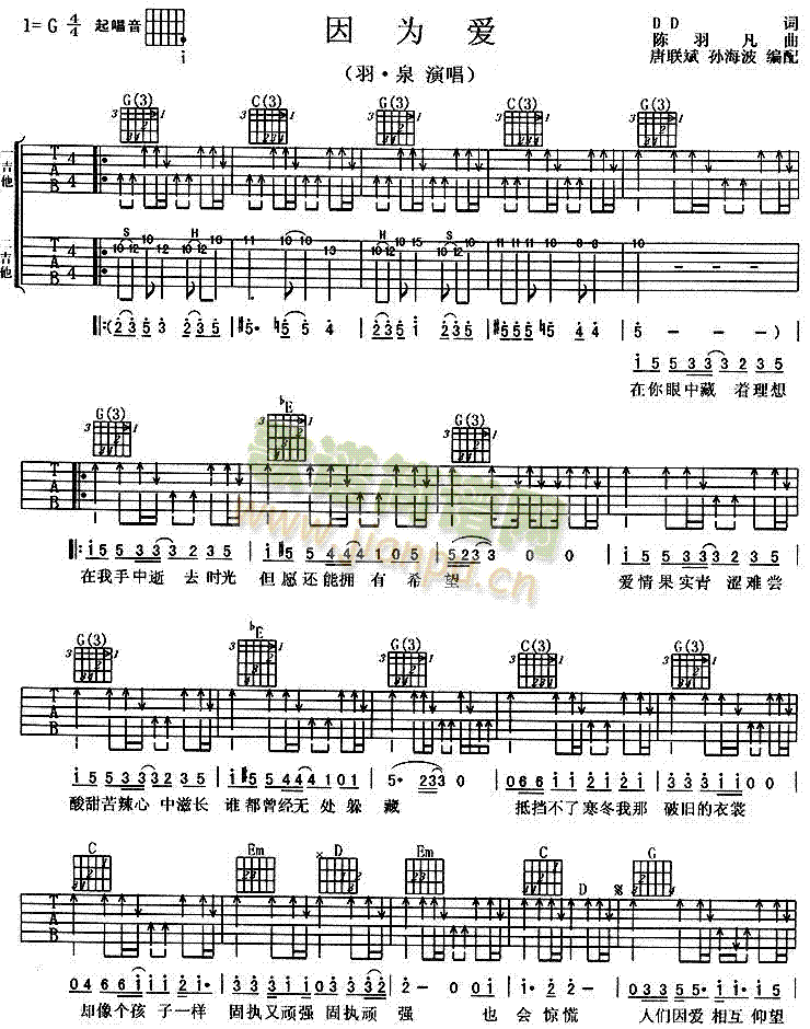 未知 《因为爱》简谱