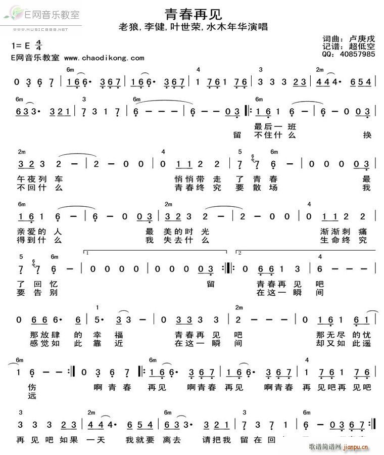 卢庚戌 《青春再见-老狼 李健 叶世荣 水木年华》简谱