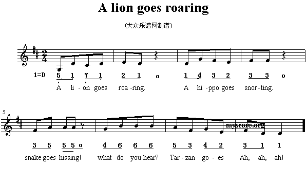 未知 《英文儿歌：A lion goes roaring》简谱