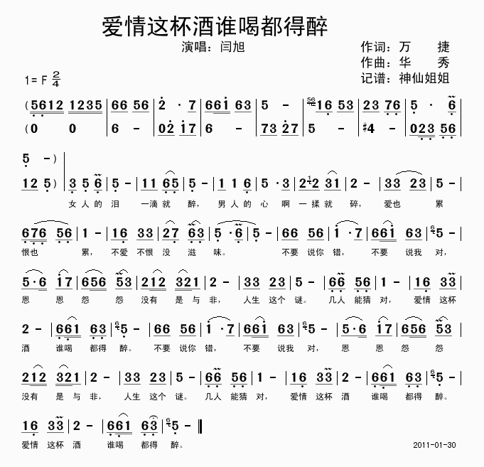 闫旭 《爱情这杯酒谁喝都得醉》简谱