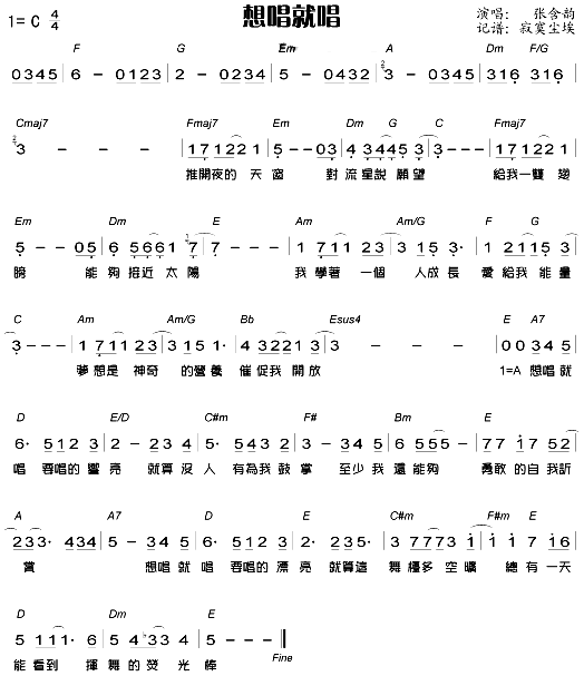 未知 《想唱就唱》简谱