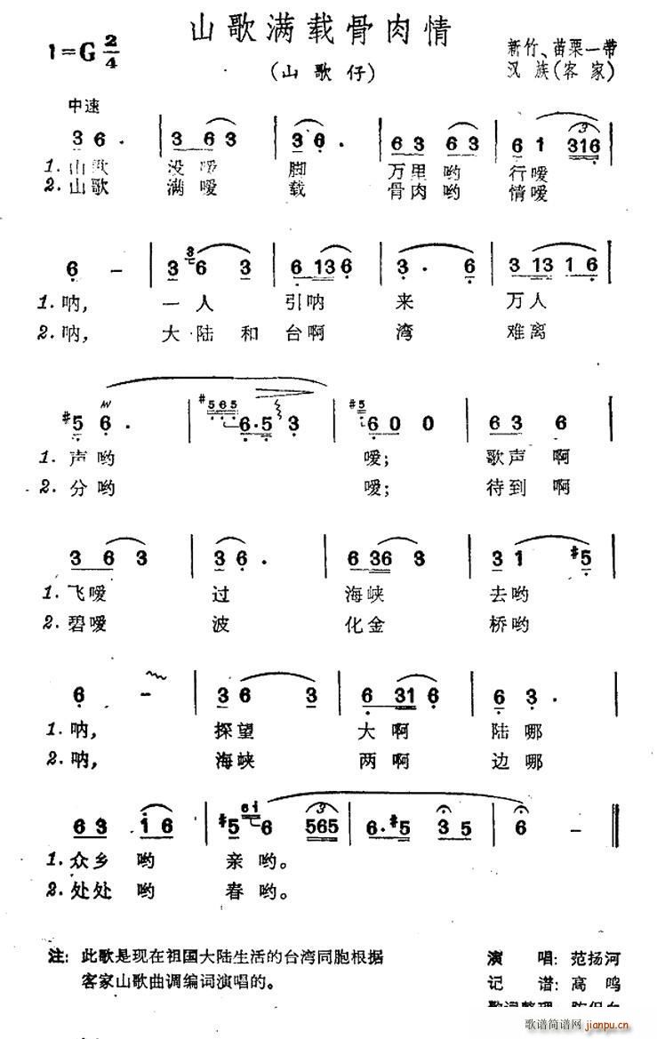 未知 《山歌满载骨肉情（台湾民歌）》简谱