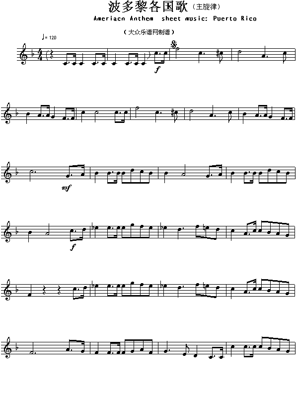 未知 《各国国歌：波多黎各（Ameriacn Anthem sheet music:Puerto Rico）》简谱