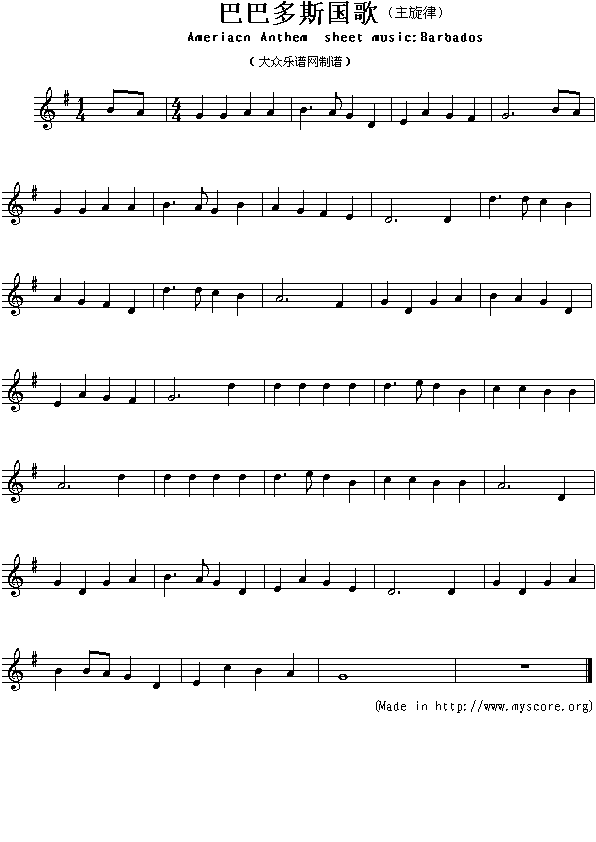 未知 《各国国歌：巴巴多斯（Ameriacn Anthem sheet music:Barados）》简谱