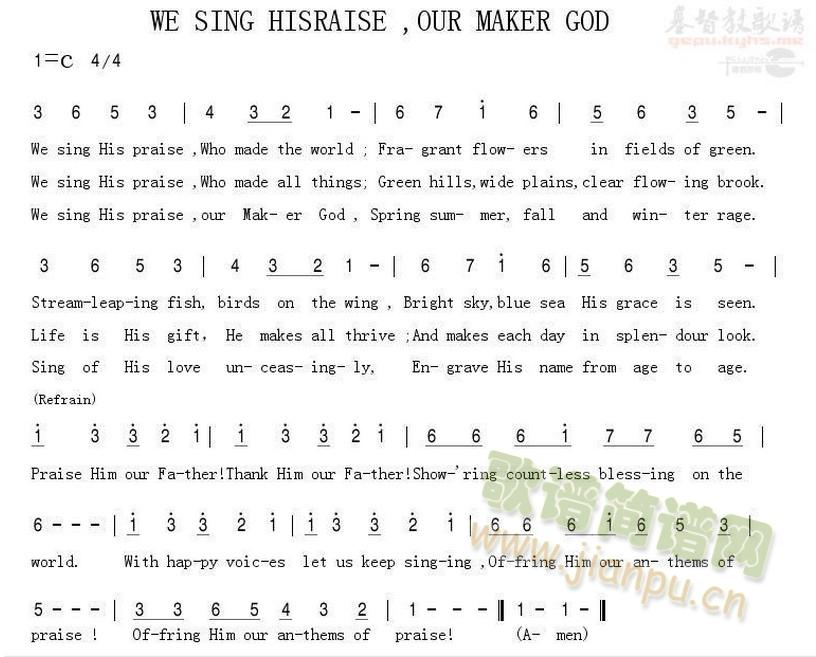 欢乐颂扬 英文简谱 《WE SING HISRAISE ， OUR MAKER GOD 》简谱