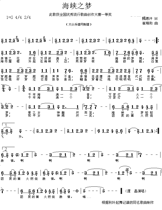 未知 《获奖流行歌曲:海峡之梦(魏德泮词 崔臻和曲 简谱)》简谱