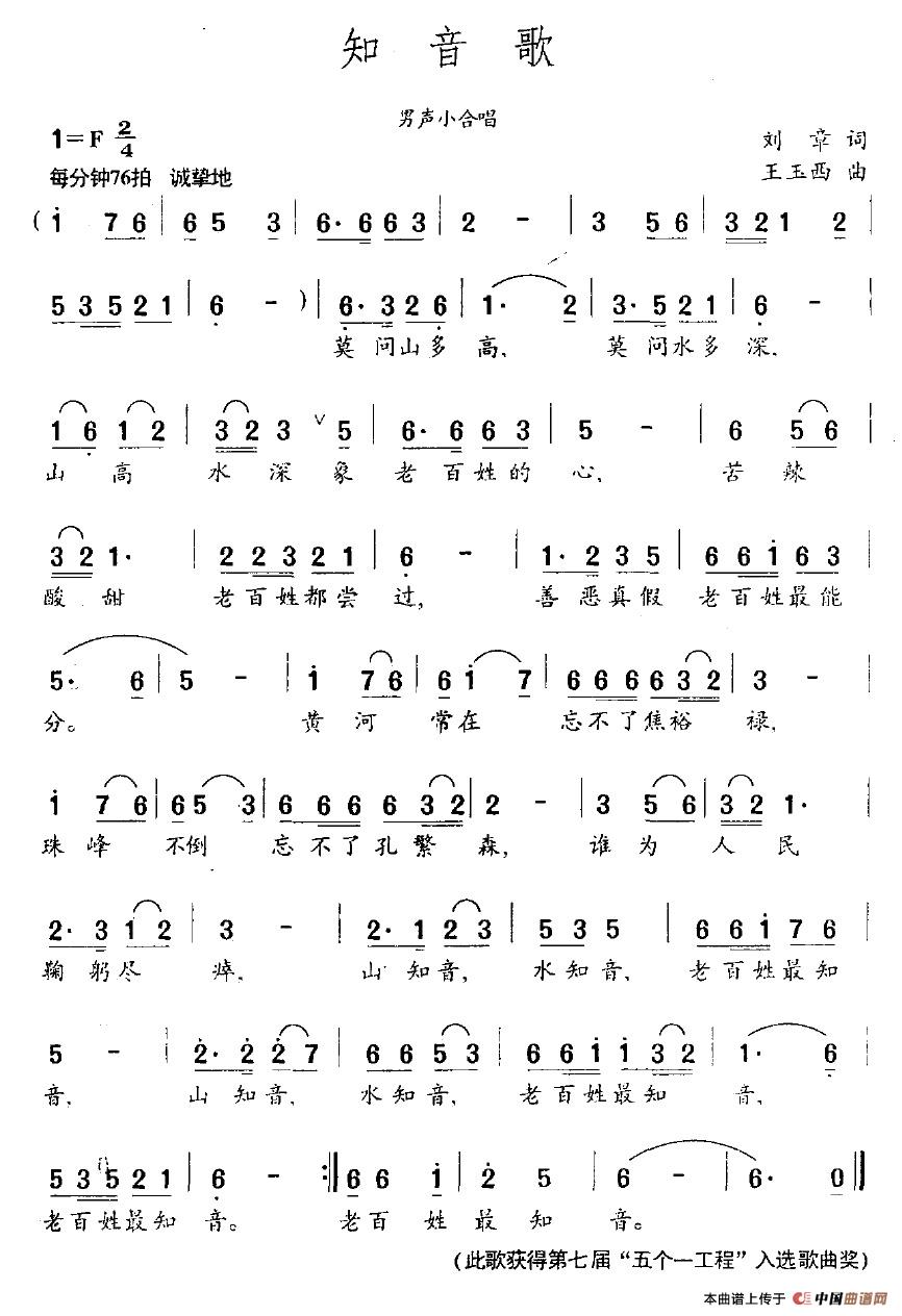 作词：刘章作曲：王玉西 《知音歌》简谱