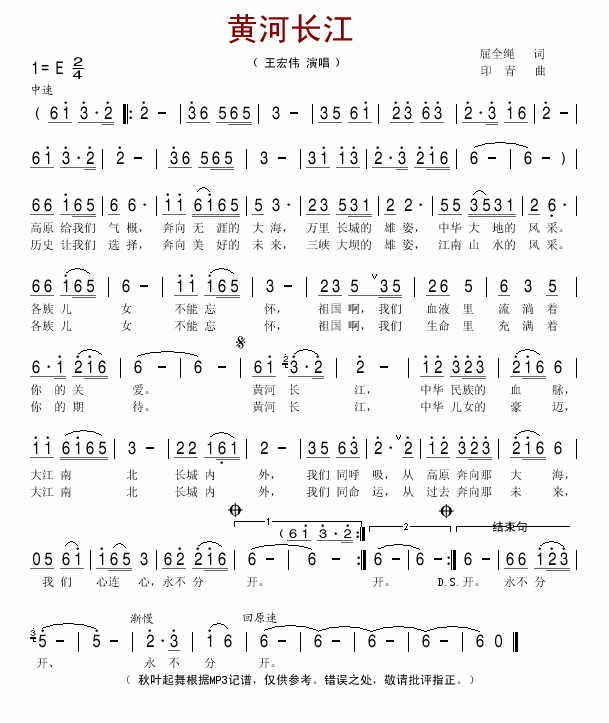 王宏伟 《黄河长江》简谱