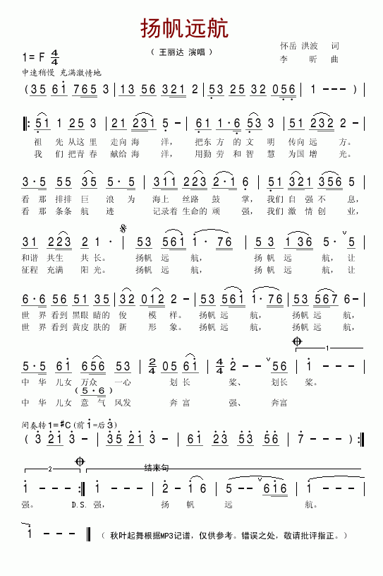 王丽达 《扬帆远航》简谱