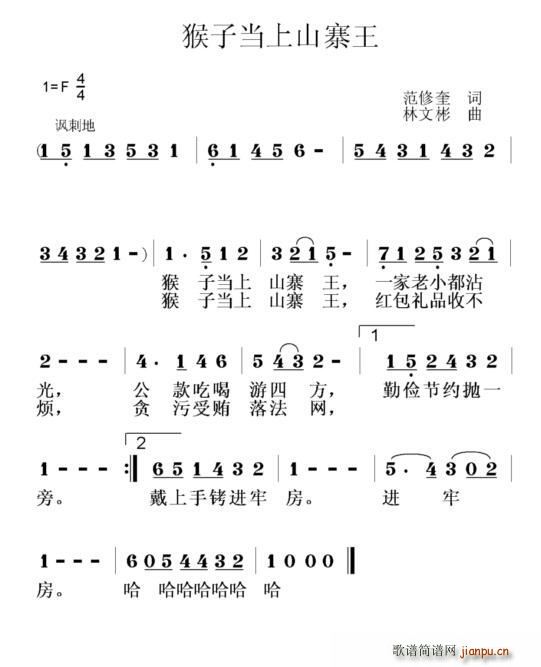 林文彬 范修奎 《猴子当上山寨王》简谱