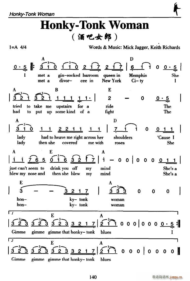 未知 《Honky-Tonk Woman（酒吧女郎）》简谱
