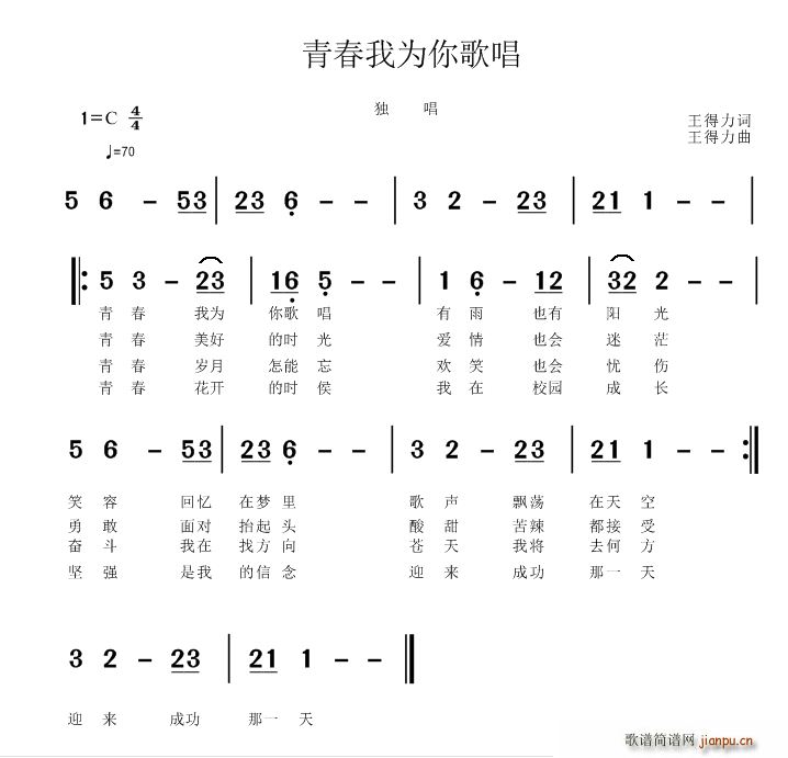 王得力   王得力 《青春我为你歌唱》简谱