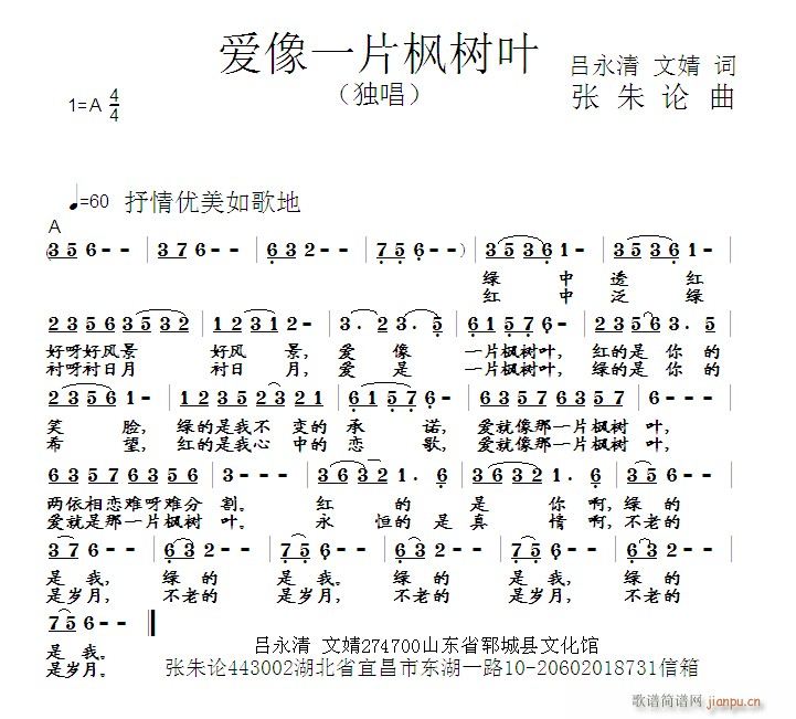 张朱论 文婧 《爱像一片枫树叶 吕永清 文婧 词 曲》简谱